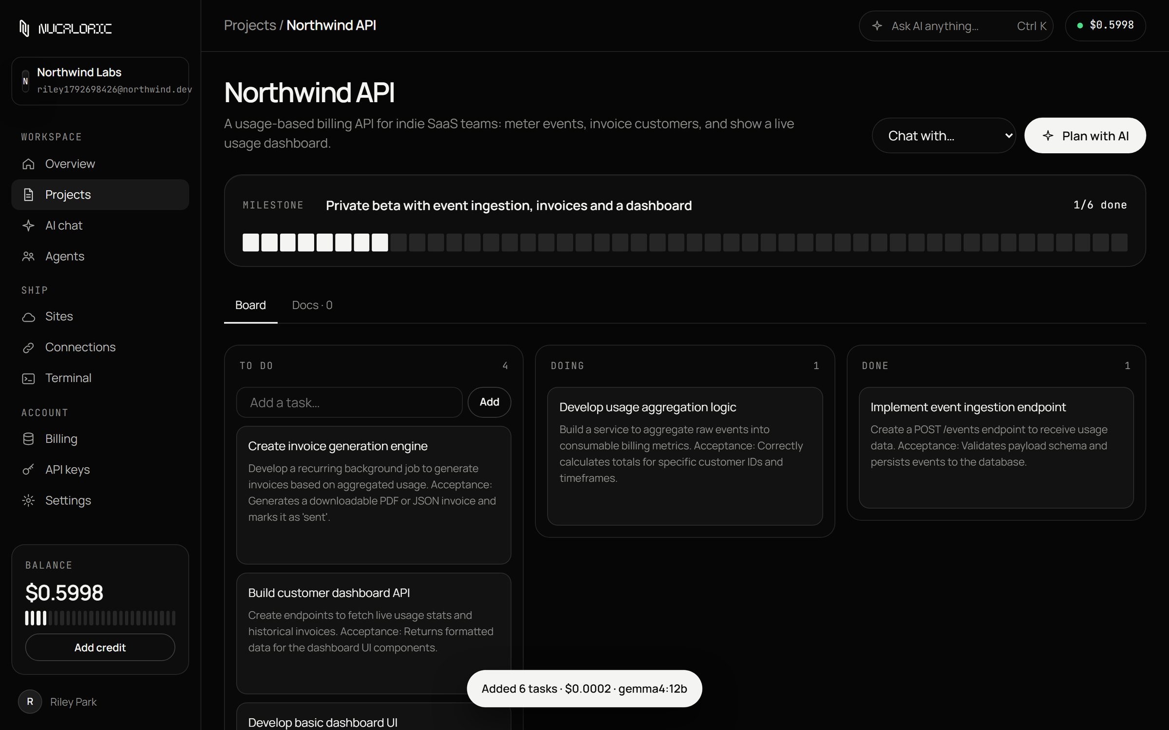 The NUCALORIC app: a project board whose tasks were planned by AI
